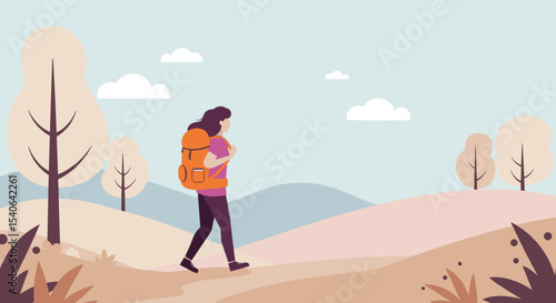 Flat vector showing a woman hiking up a trail