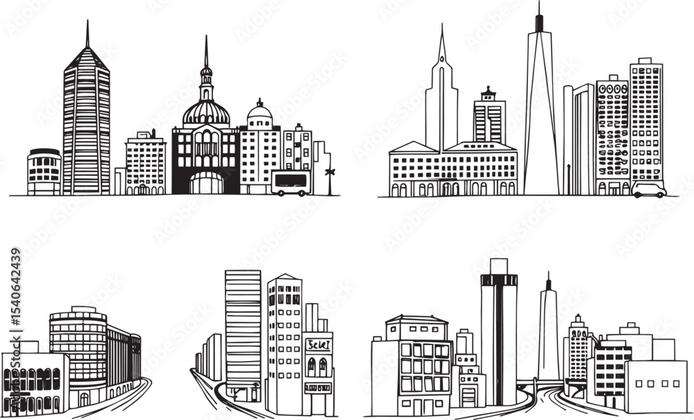 Fototapeta premium Set of city buildings. Line urban backdrop, different buildings on street, doodle street draw, outline cityscape hand sketch, flat houses. Hand drawn vector illustration