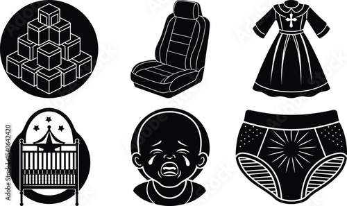 black and white icons set of Building blocks, Car seat , Christening gown 