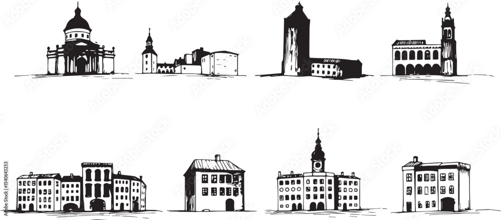 Obraz premium Set of city buildings. Line urban backdrop, different buildings on street, doodle street draw, outline cityscape hand sketch, flat houses. Hand drawn vector illustration