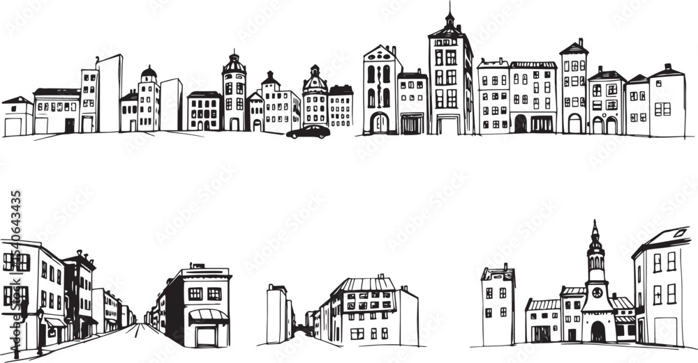 Obraz premium Set of city buildings. Line urban backdrop, different buildings on street, doodle street draw, outline cityscape hand sketch, flat houses. Hand drawn vector illustration