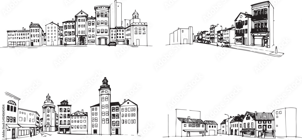 Obraz premium Set of city buildings. Line urban backdrop, different buildings on street, doodle street draw, outline cityscape hand sketch, flat houses. Hand drawn vector illustration