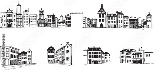 Set of city buildings. Line urban backdrop, different buildings on street, doodle street draw, outline cityscape hand sketch, flat houses. Hand drawn vector illustration