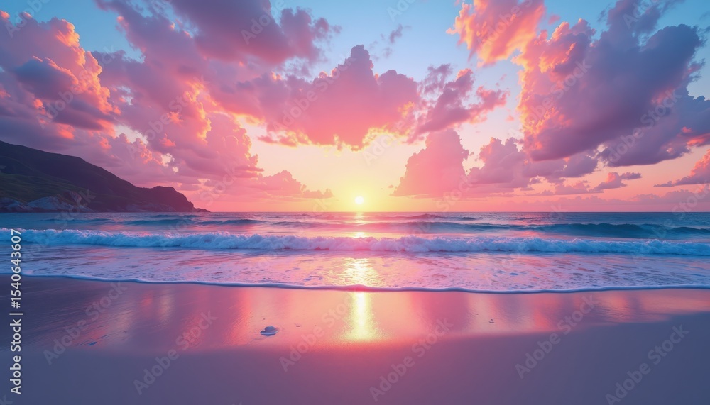 Obraz premium Sunset reflection over calm ocean waters tropical beach landscape photography serene environment wide angle view