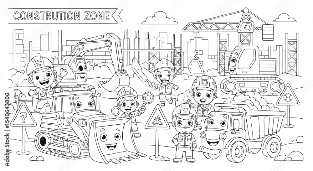Fototapeta premium Construction Zone Coloring Page: Happy Kids and Machines