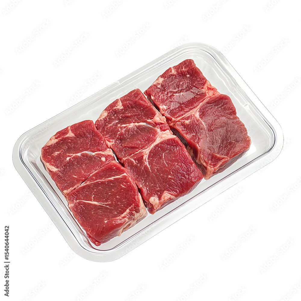 Blank transparent plastic tray with beef mockup, top view isolated on transparent background Blank transparent plastic tray with beef mockup, top view isolated on transparent background