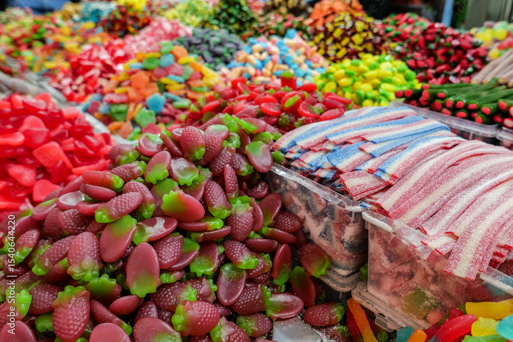 Fototapeta premium An assortment of colorful candies at a market stall, showing vivid artificial dyes soon to be banned by FDA regulation. Great visual for clean label and natural food trends.