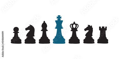 Chess pieces silhouette row isolated on white background