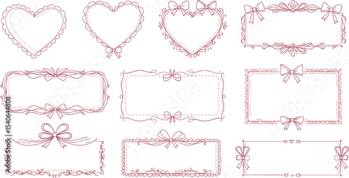 Vintage heart and ribbon frames, hand drawn pink borders, cute valentine elements, romantic label design, decorative outline clipart