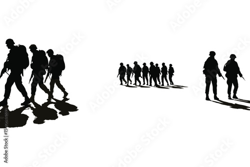 Military troops in shadow walking in a line, symbolizing strength and unity