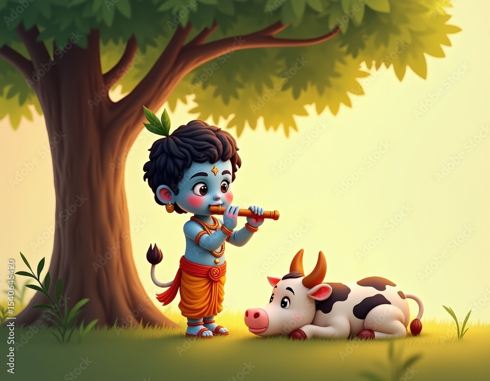 Naklejka premium Cute Cartoon Krishna Figurine with Flute standing under a big tree with a cow lying down