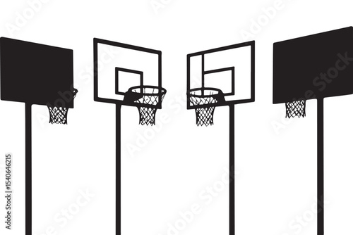 Black and white silhouettes of various basketball hoop shapes and netting
