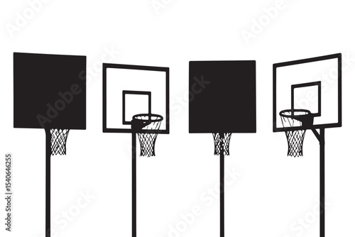 Silhouette set of basketball hoops with different designs in black and white