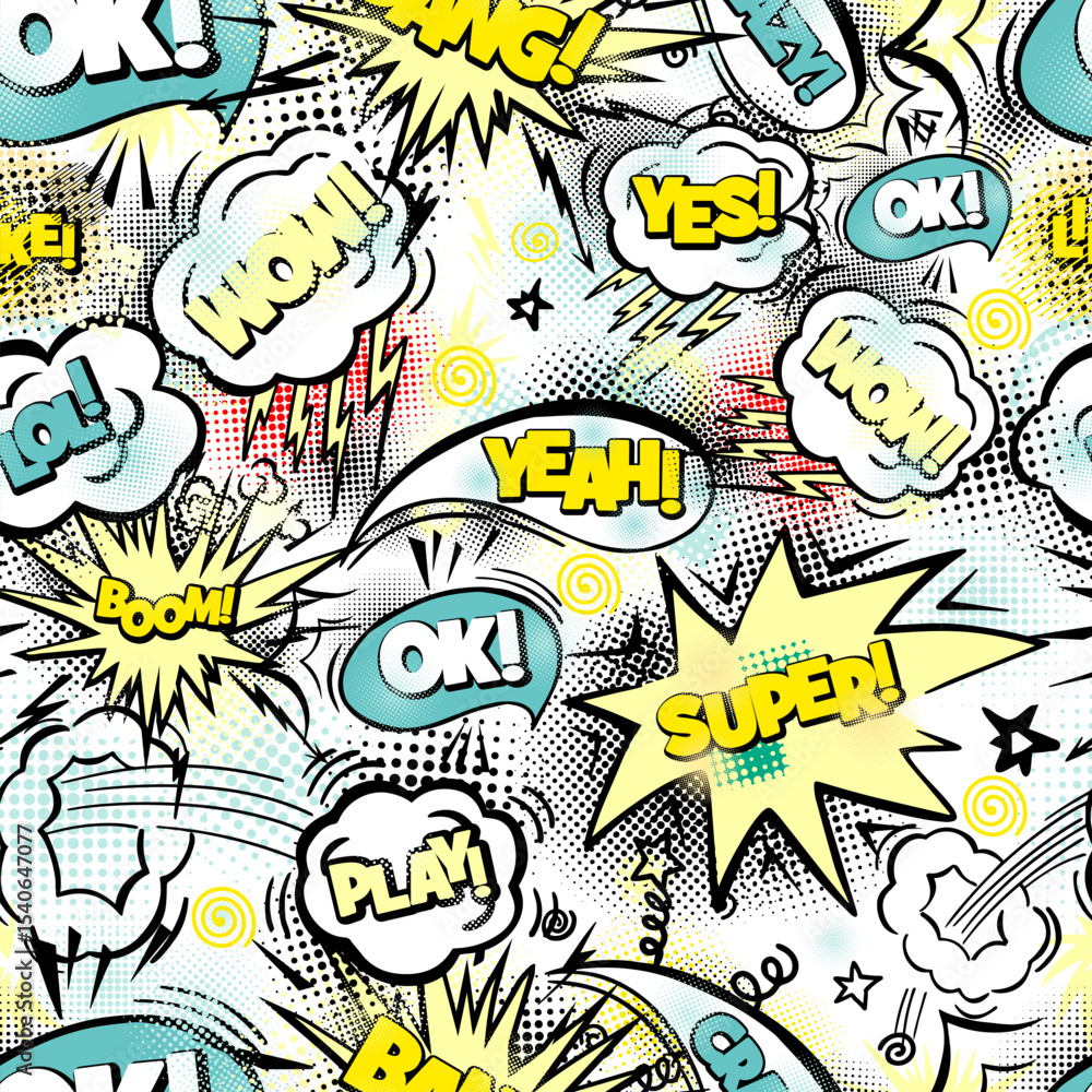 Fototapeta premium Seamless pattern text comic. hand drawing. Not AI, Vector illustration