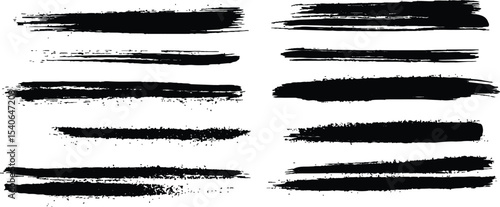 Horizontal black brush lines of differing thicknesses, isolated on a white background. Set of grunge black ink brush strokes on white background. Abstract black brush strokes for artistic design. 