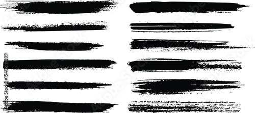 Horizontal black brush lines of differing thicknesses, isolated on a white background. Set of grunge black ink brush strokes on white background. Abstract black brush strokes for artistic design. 
