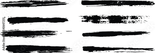 Horizontal black brush lines of differing thicknesses, isolated on a white background. Set of grunge black ink brush strokes on white background. Abstract black brush strokes for artistic design. 