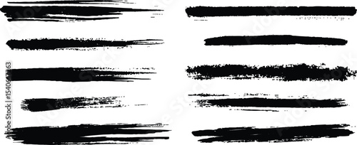 Horizontal black brush lines of differing thicknesses, isolated on a white background. Set of grunge black ink brush strokes on white background. Abstract black brush strokes for artistic design. 