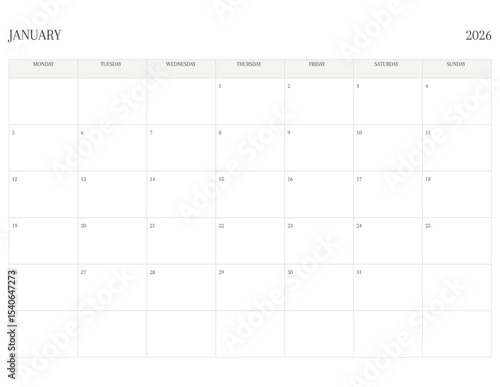 JANUARY 2026 Letter Size MONDAY Week Start Monthly Calendar, Minimalist Printable Calendar