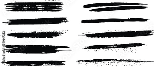 Horizontal black brush lines of differing thicknesses, isolated on a white background. Set of grunge black ink brush strokes on white background. Abstract black brush strokes for artistic design. 