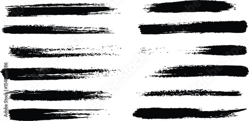 Horizontal black brush lines of differing thicknesses, isolated on a white background. Set of grunge black ink brush strokes on white background. Abstract black brush strokes for artistic design. 