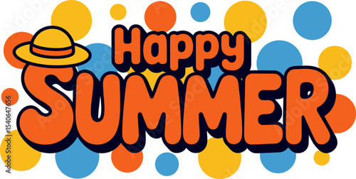 Rounded orange happy summer lettering with sunhat and fun dots in blue orange yellow for joyful summer layout  
