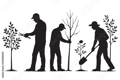 Silhouette of workers planting, pruning, and digging trees in a garden