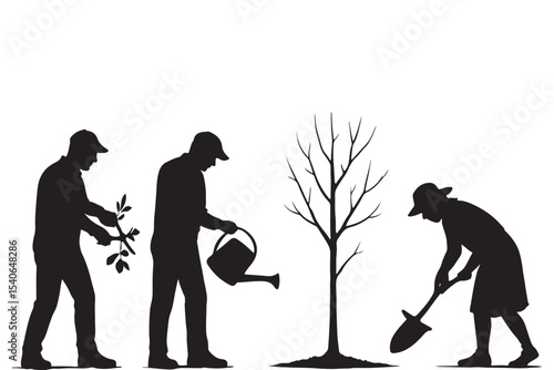 Gardener planting and watering trees in a garden with silhouettes