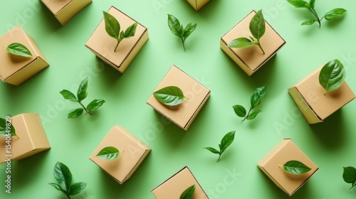AI-generated eco-friendly strategies for sustainability, featuring cardboard boxes and green plants as symbols of change.