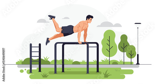 Flat vector of a male athlete performing calisthenics on parallel bars