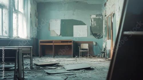 An abandoned, rundown classroom with broken furniture, symbolizing the education gap.