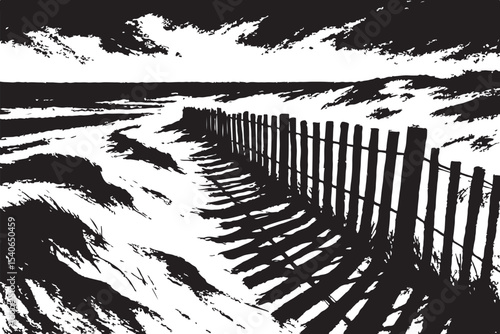 fence in silhouette with dramatic shadows on a windy landscape