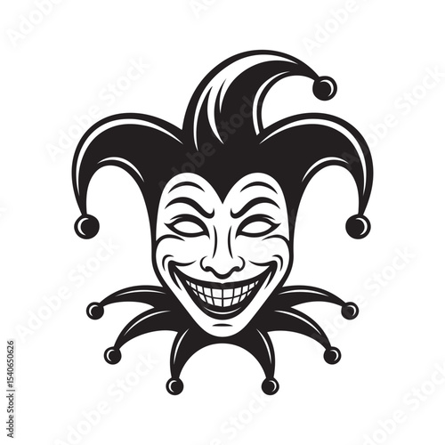 jester hat illustration with curved points and round tips, black and white silhouette design, isolated on white background