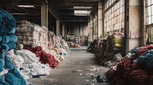 An abandoned textile factory, with heaps of unused fabric, representing fast fashion's environmental cost.