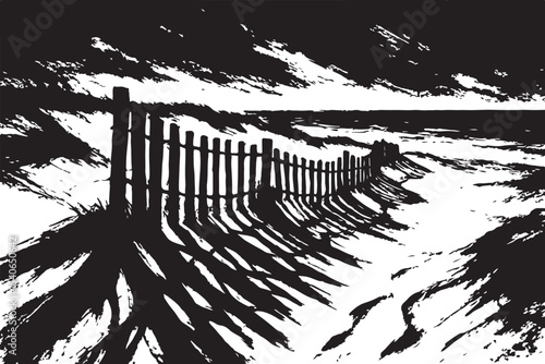 windy landscape silhouette fence casting long shadows over the ground