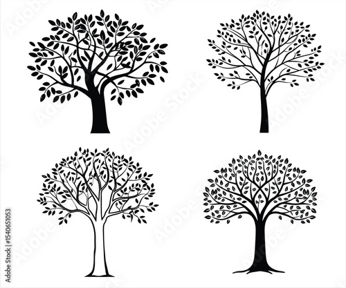 Four tree silhouettes with varying leaf density isolated on white background
