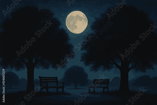 serene moonlit park scene with benches and trees in a tranquil atmosphere