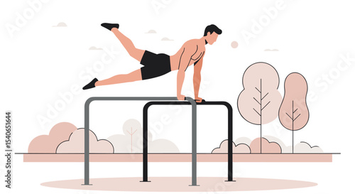 Flat vector of a male athlete performing calisthenics on parallel bars