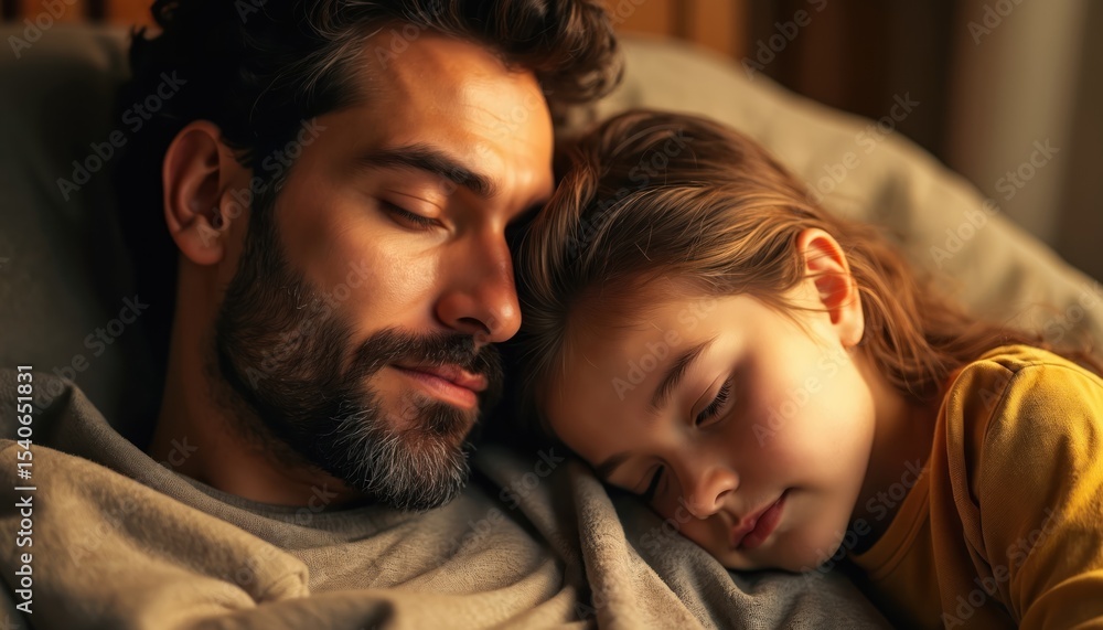 Tender portrait shows father, daughter sleeping peacefully close together. Face to face, rest. Warm moment of affection, bonding, love, care, trust, cuddling. Soft lighting, warm tones, cozy Tender portrait shows father, daughter sleeping peacefully close together. Face to face, rest. Warm moment of affection, bonding, love, care, trust, cuddling. Soft lighting, warm tones, cozy