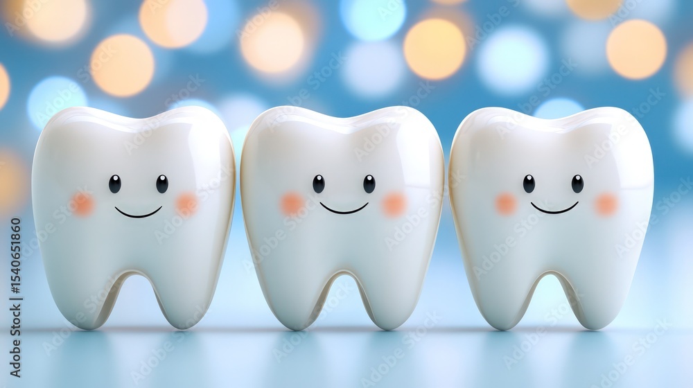 Fototapeta premium Three cute white healthy teeth on glowing blurred blue background