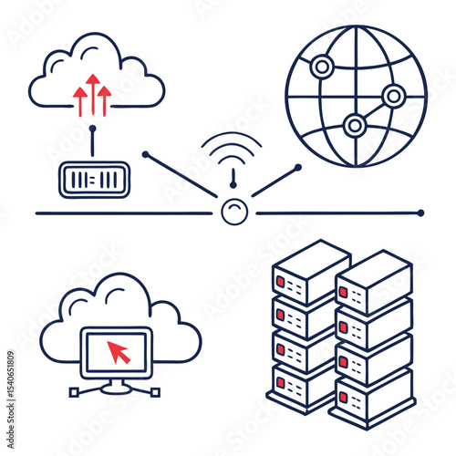 Network Infrastructure Diagram Cloud Computing Data Servers Global Connection Red Arrows Wireless