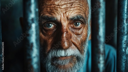An aged prisoner in a dark cell, looking directly at the camera through iron bars, symbolizing the struggles of incarceration.