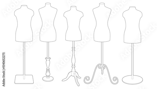 Vector illustration of five different dressmaker mannequins on various stands. Line art style. Isolated on white background. Horizontal orientation. Ideal for fashion or tailoring design.