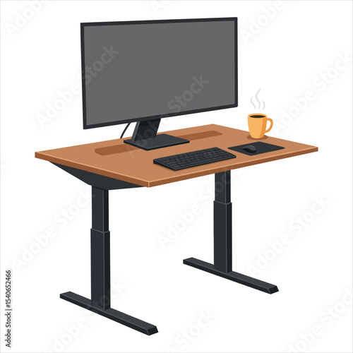 Ergonomic Sit-Stand Desk with Computer and Coffee Mug Vector - Modern Workspace for Healthy Productivity and Flexible Home Office Setup