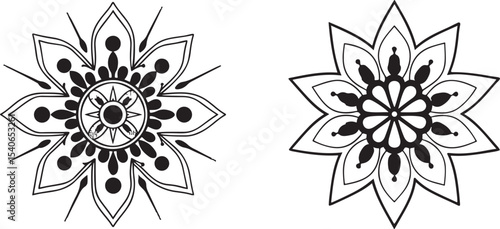 Intricate Mandala Designs: Elegant symmetrical floral mandala designs in a black and white palette, perfect for meditation, art, or spiritual practices.