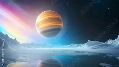 Ethereal Landscape with Colorful Planet and Cosmic Vibes at Twilight Over Alien Seascape