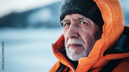 An elderly man outdoors in warm clothing with a resilient expression, reflecting the challenges of life in tough conditions