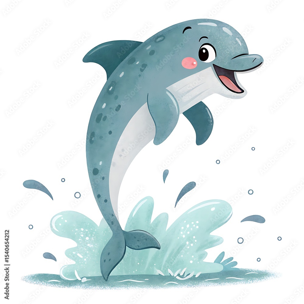 Naklejka premium Cute cartoon dolphin jumping out of water isolated on white background