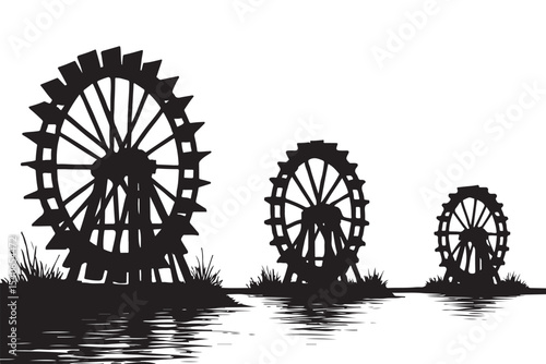 watermill silhouettes on river with grass, ideal for rural and nature  themed designs