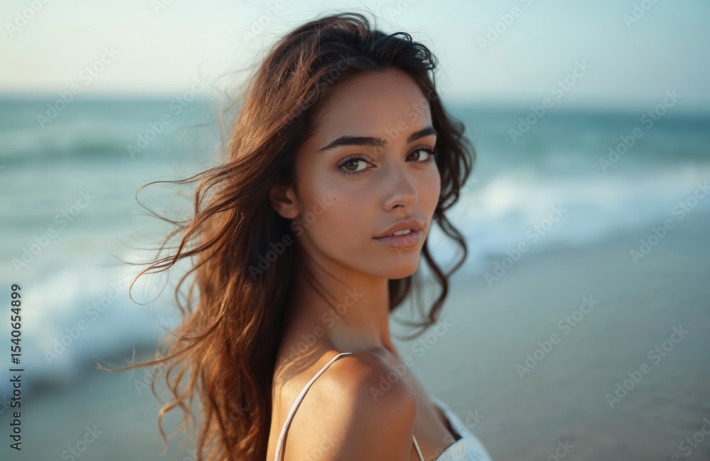 Beautiful brunette woman with long wavy hair stands on beach. Natural makeup portrait. Young female enjoys vacation. Attractive lady posing near ocean waves. Beauty, fashion, travel concept. Beautiful brunette woman with long wavy hair stands on beach. Natural makeup portrait. Young female enjoys vacation. Attractive lady posing near ocean waves. Beauty, fashion, travel concept.